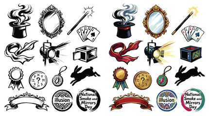 Collection of magic and illusion icons including a top hat, rabbit, wand, cards, mirror, and ribbons. © Renald