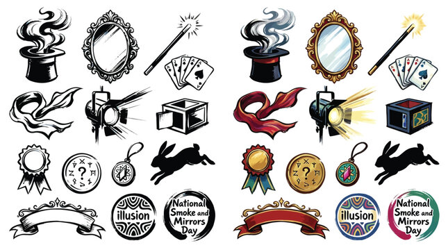 Collection of magic and illusion icons including a top hat, rabbit, wand, cards, mirror, and ribbons.