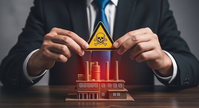 A person holds a hazard symbol above a miniature factory, signaling potential danger