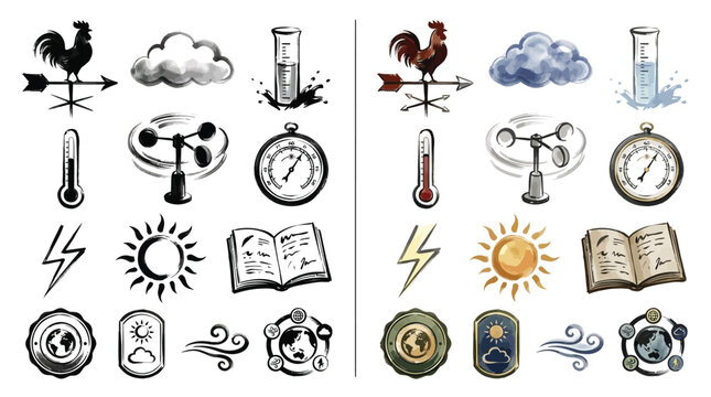 Collection of weather icons and symbols representing meteorological instruments and phenomena.