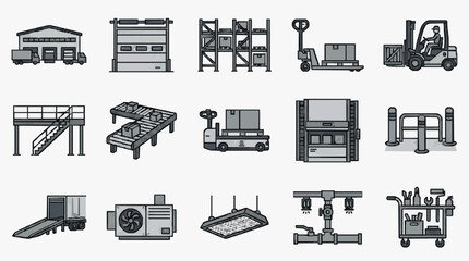 Modern Monochrome Line Icons of Warehouse and Industrial Equipment and Infrastructure with high quality professional line art symbols for modern creative design and digital branding projects © Amit