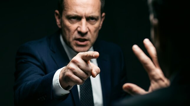 Angry businessman pointing finger in aggressive confrontation, furious boss blaming employee during intense interrogation, corporate conflict concept