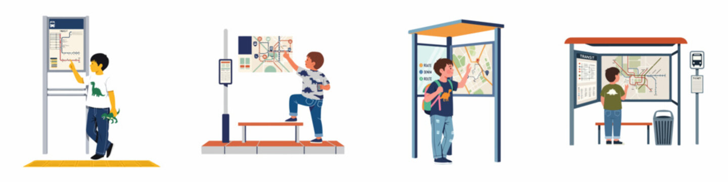 Set of flat vector illustrations depicting young boys checking transit maps and schedules at various public transportation stops in the city.