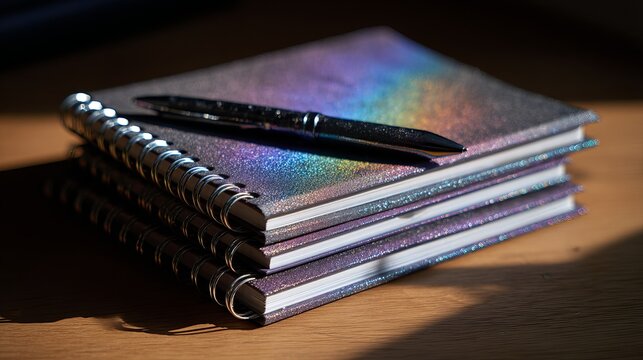 Holographic notebooks with pen on organized desk in eye level view for modern workspace