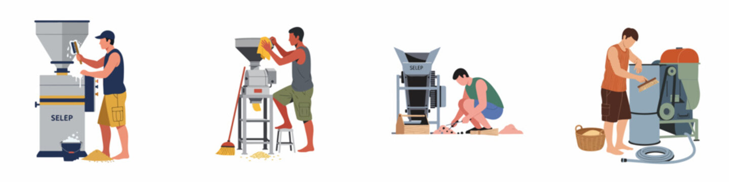 Set of illustrations showing workers cleaning and maintaining rice milling machines, flat style characters on white background.