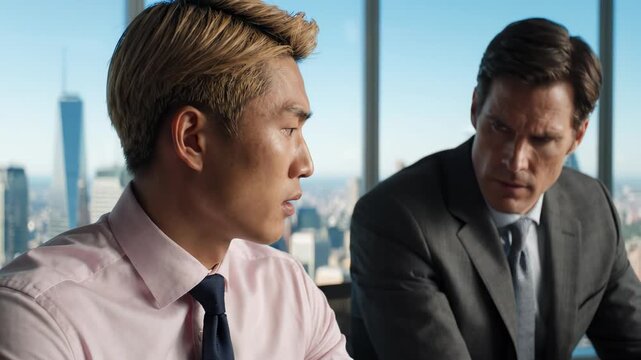 Two Businessmen Discussing in Modern Office with City Skyline Background
