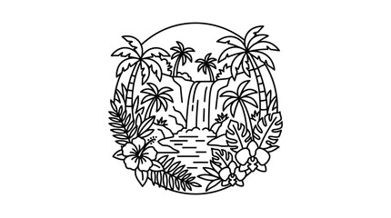 Obraz premium Minimalist Black and White Tropical Paradise with Waterfall Palm Trees and Lush Vegetation with high quality professional line art symbols for modern creative design and digital branding projects