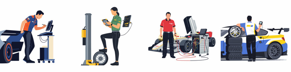 Obraz premium Professional racing mechanics and technicians using advanced diagnostic tools to service high-performance race cars in a garage or pit lane.