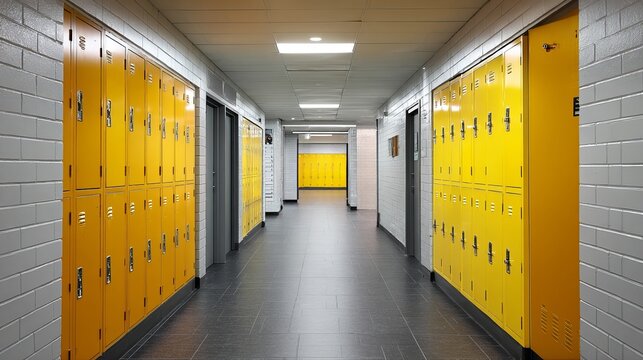 Clean high school hallway featuring lockers and bright classroom entrance
