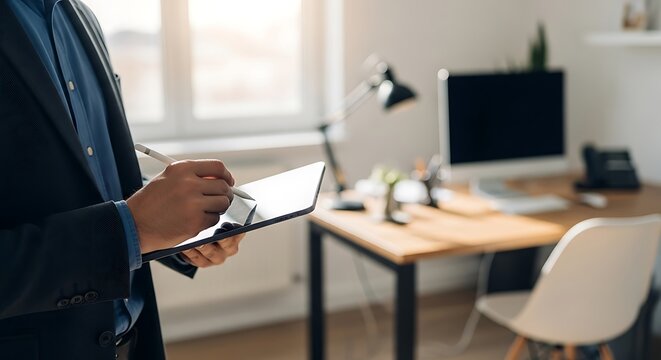 A person in a suit uses a stylus on a tablet in a well-lit office
