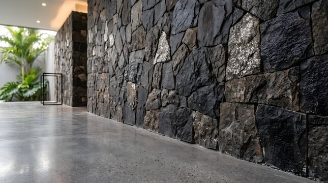 Modern empty villa interior with dark natural stone wall cladding and polished concrete floor
