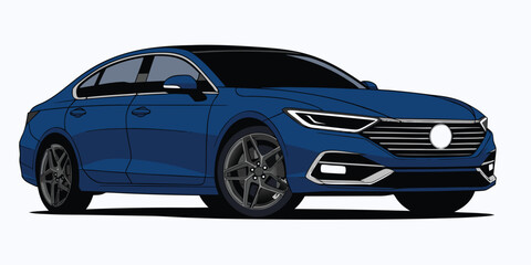 Naklejka premium Modern blue passenger sedan digital art featuring chrome accents and dark tinted windows