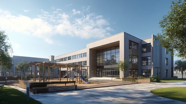 Modern public school building exterior with playground, green lawn and sunny blue sky