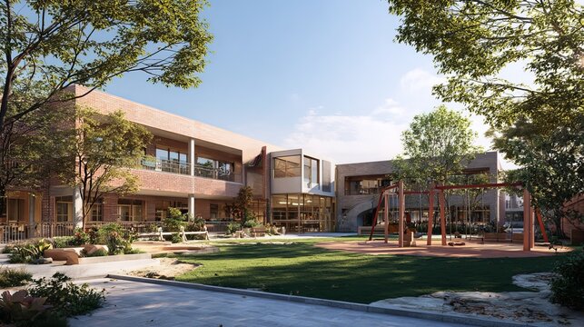 Modern public school building exterior with playground, green lawn and sunny blue sky
