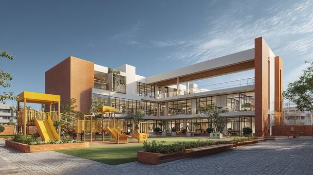 Modern public school building exterior with playground, green lawn and sunny blue sky