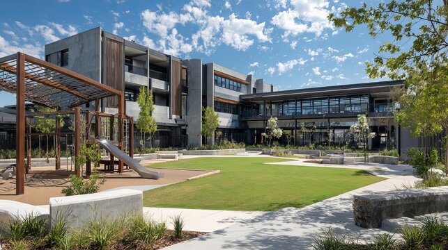 Modern public school building exterior with playground, green lawn and sunny blue sky