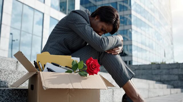 Distressed Businesswoman Sitting on Steps with Box of Belongings After Job Loss