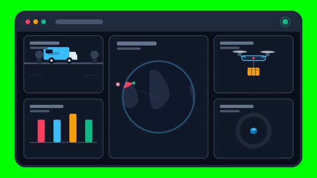 Logistics Tracking Dashboard Monitoring Drone and Truck Delivery for Supply Chain on Green Screen.. 4k Footage SVG Loop Animation