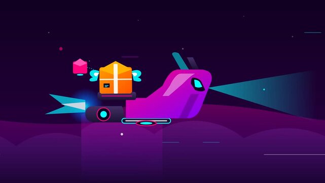 Futuristic Delivery Robot Snail Carrying Package in Dark Space Cyberpunk Logistics Concept.. 4k Footage SVG Loop Animation