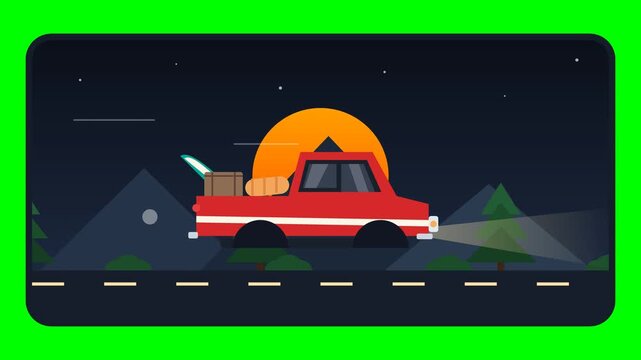 Red Pickup Truck Driving on Night Road with Surfboard and Luggage Road Trip Green Screen Animation.. 4k Footage SVG Loop Animation