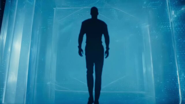 Silhouette man walking through illuminated hex corridor filled with code patterns and glowing panels, lone traveler advances into hightech tunnel with mysterious gateway and purposeful