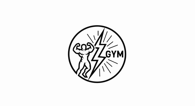 Minimalist black and white gym logo featuring a flexing bodybuilder and a lightning bolt inside a circle.