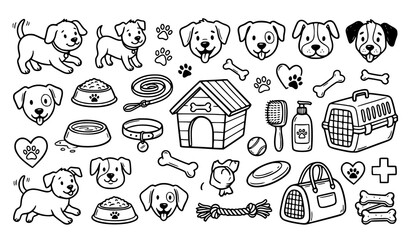 Hand Drawn Doodle Dogs and Pet Accessories Vector Set with Cute Puppy Sketch Illustrations © Rashel12