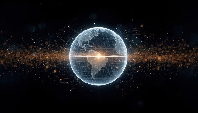 Futuristic digital earth globe with glowing data stream particles on dark background particles technology background connection abstract communication information innovation graphics