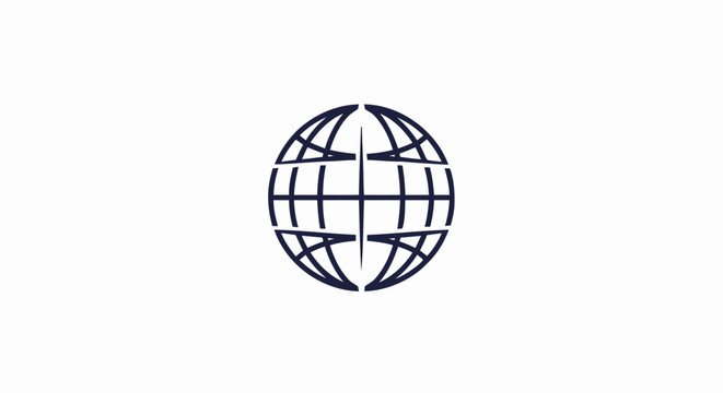 Minimalist black line art globe icon representing global network and communication on white background.
