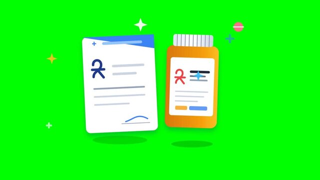 Medical Prescription and Pill Bottle Illustration on Green Screen for Pharmacy Concept.. 4k Footage SVG Loop Animation