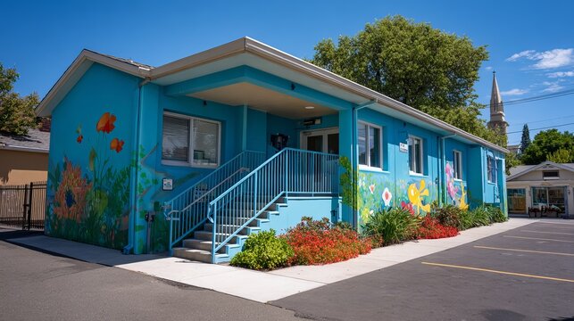 Early learning center building exterior with playground under clear blue sky