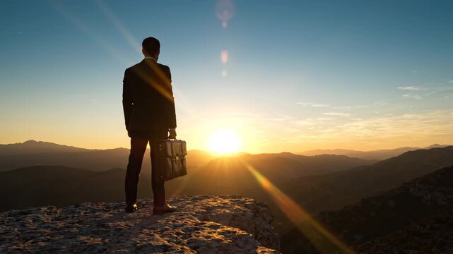 Businessman Standing on Mountain Peak at Sunset with Briefcase, Silhouette Against Golden Horizon