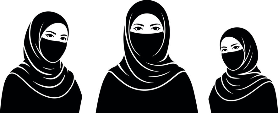 Vector collection of Arab Muslim woman avatars wearing traditional hijab and niqab coverings isolated on white background