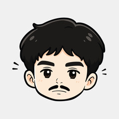 Neutral cartoon man face with mustache and black hair vector illustration. Calm or blank expression chibi boy head avatar mascot isolated on light gray background for sticker, logo template, or profil © ikirieyu