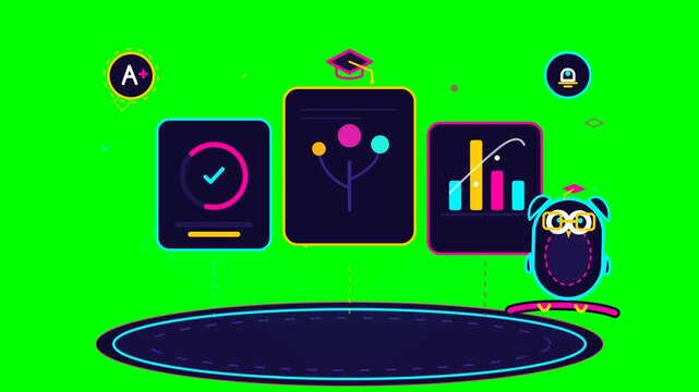 Online Education Dashboard with Owl Mascot and Academic Data Charts on Green Screen Background.. 4k Footage SVG Loop Animation