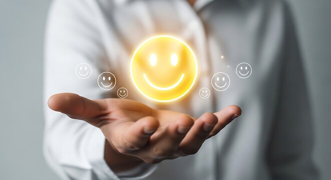 A person's hand holding a glowing smiley face with smaller surrounding emojis