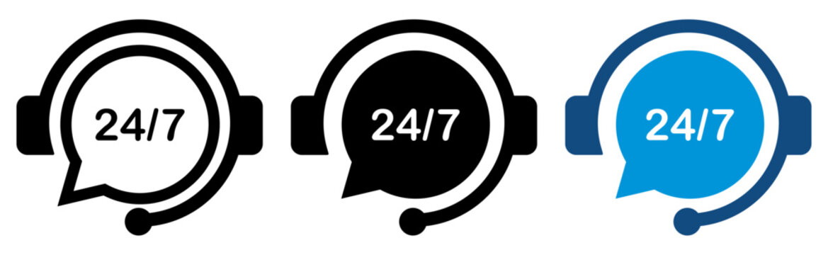 24/7 customer support headset icon set in black and blue outline styles. Customer service icons for help centers, call centers, web and mobile interfaces, CRM platforms and applications. 