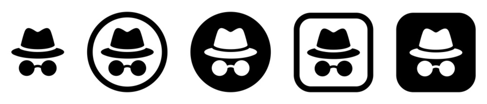 Incognito icon set in outline, solid circle and square styles. Privacy icons for private browsing, anonymous mode, web and mobile interfaces, browsers and applications. 