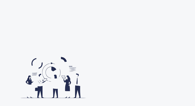 Minimalist business illustration of corporate team analyzing data with a magnifying glass.