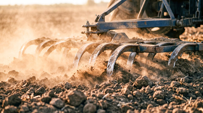 Cultivator tines loosening soil close up in warm sunset light, eco smart farming