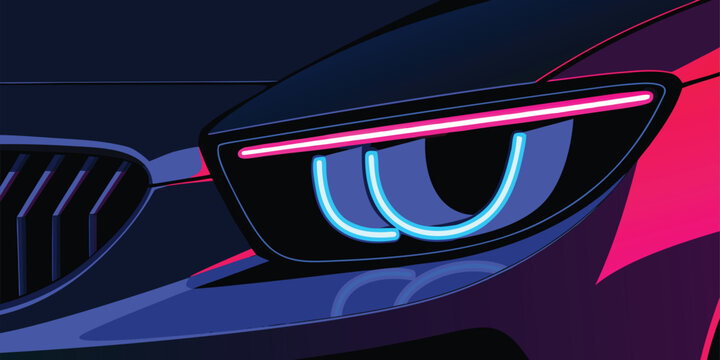 Sleek cyberpunk inspired digital illustration of a futuristic car headlight with neon blue and magenta accents