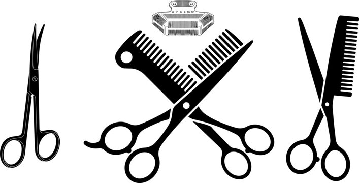 Barber tools collection scissors combs and hair clippers black and white
