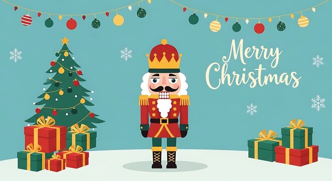 Festive Nutcracker Soldier Standing Beside Christmas Tree and Wrapped Gifts
