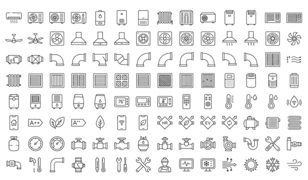 Minimal HVAC Outline Icon Collection with 100 Heating Cooling and Ventilation Symbols