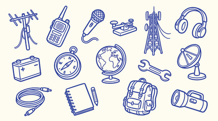 Collection of communication and navigation equipment icons, including antennas, radios, microphones, and globes. © zainab
