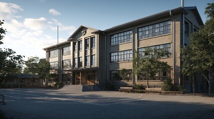 Fototapeta premium Modern school building under a beautiful blue sky with bright daylight and education campus exterior