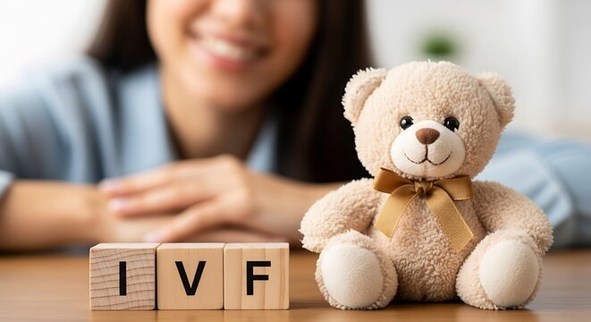 A plush teddy bear sits with wooden blocks spelling "IVF," a smiling woman in background