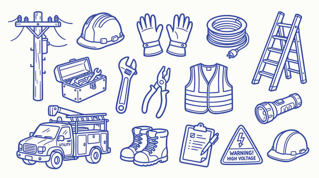 Collection of electrical worker tools and safety equipment, hand-drawn illustration.