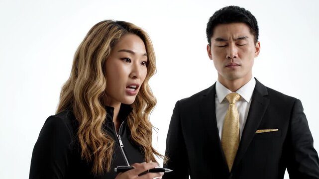 Asian Businesswoman Arguing with Colleague While Man Raises Hand to Stop Her