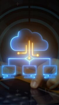 Vertical video of network monitors with glowing cloud computing icon. Centralized data infrastructure and hosting concept.